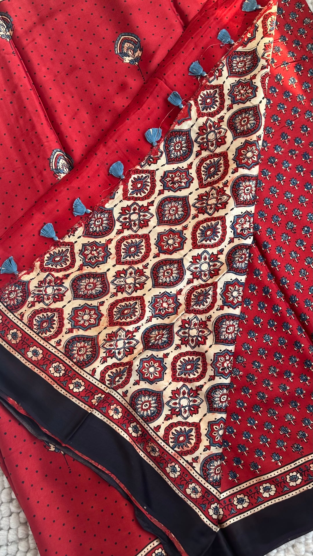 MADDER RED BLOOMS - PREMIUM HALF AND HALF AJRAKH HAND BLOCK PRINTED PREMIUM MODAL SILK SAREE