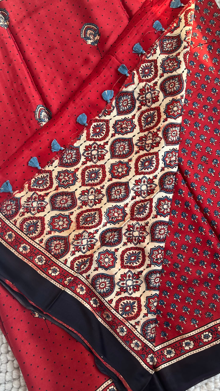 MADDER RED BLOOMS - PREMIUM HALF AND HALF AJRAKH HAND BLOCK PRINTED PREMIUM MODAL SILK SAREE