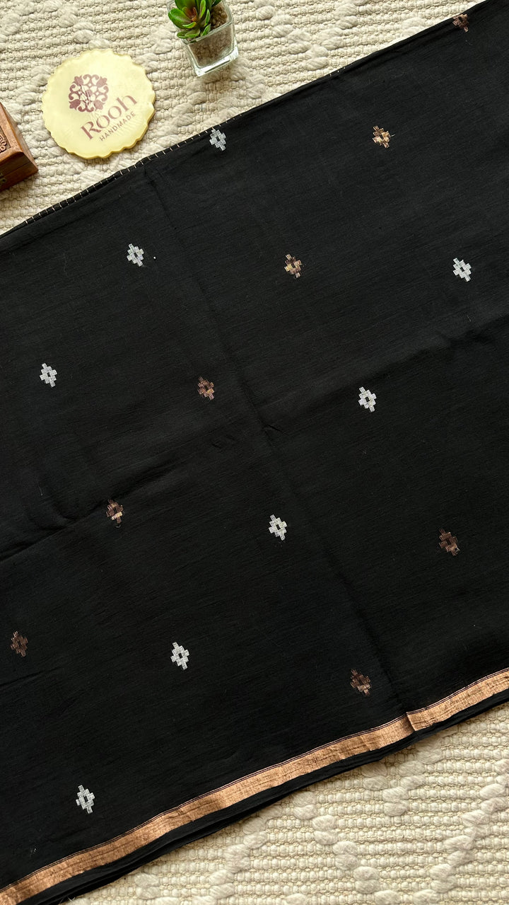 PREMIUM JAMDANI WEAVE HANDWOVEN AND HANDSPUN COTTON SAREE - RICH BLACK