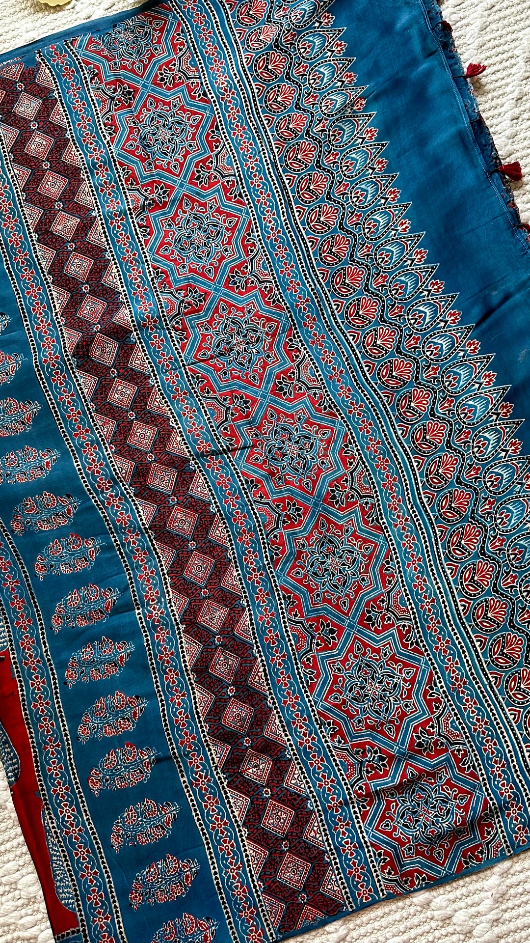 MADDER PINES - SUPER PREMIUM & BUTTERY SOFT AJRAKH HAND BLOCK PRINTED MODAL SILK SAREE (DISPATCH TIME - 7 TO 10 DAYS)