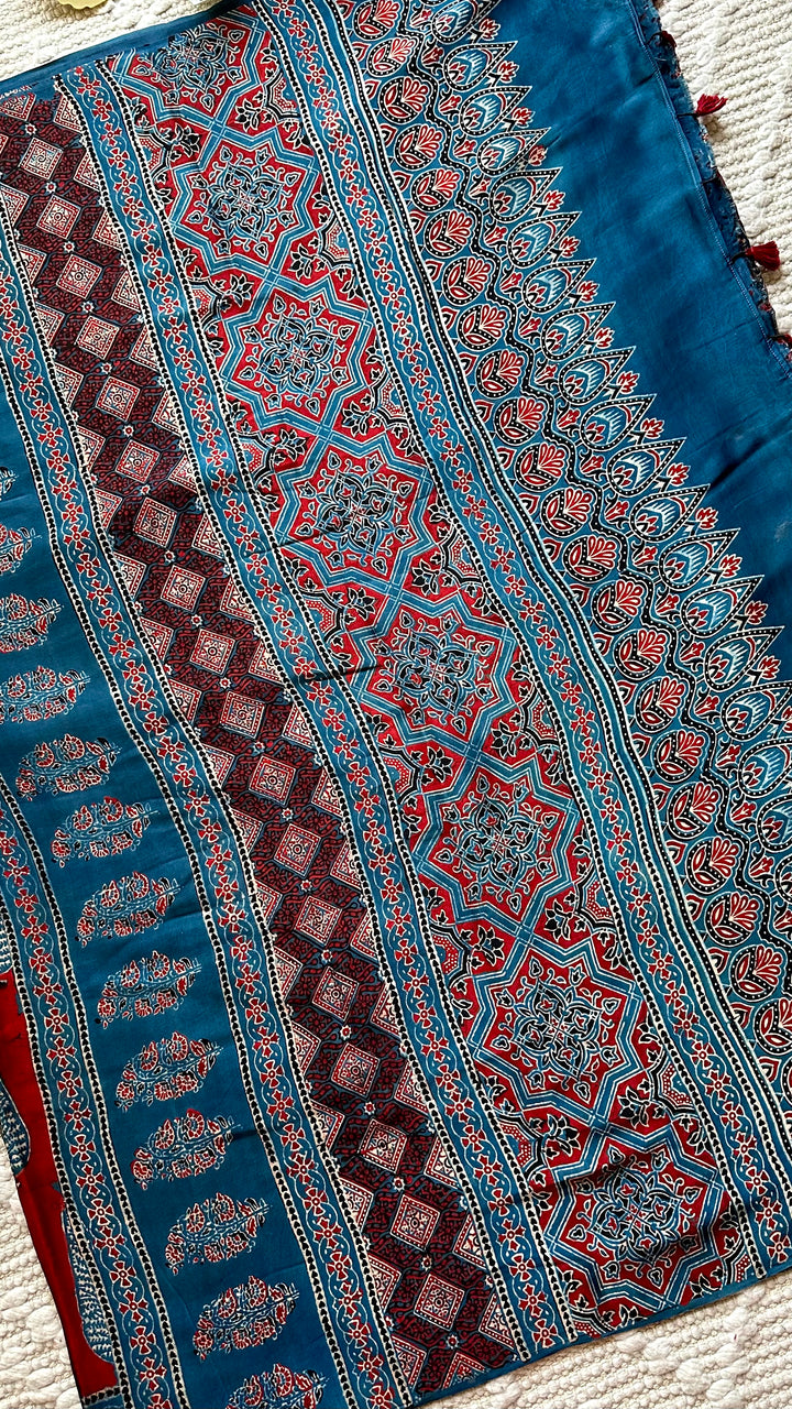 MADDER PINES - SUPER PREMIUM & BUTTERY SOFT AJRAKH HAND BLOCK PRINTED MODAL SILK SAREE (DISPATCH TIME - 7 TO 10 DAYS)