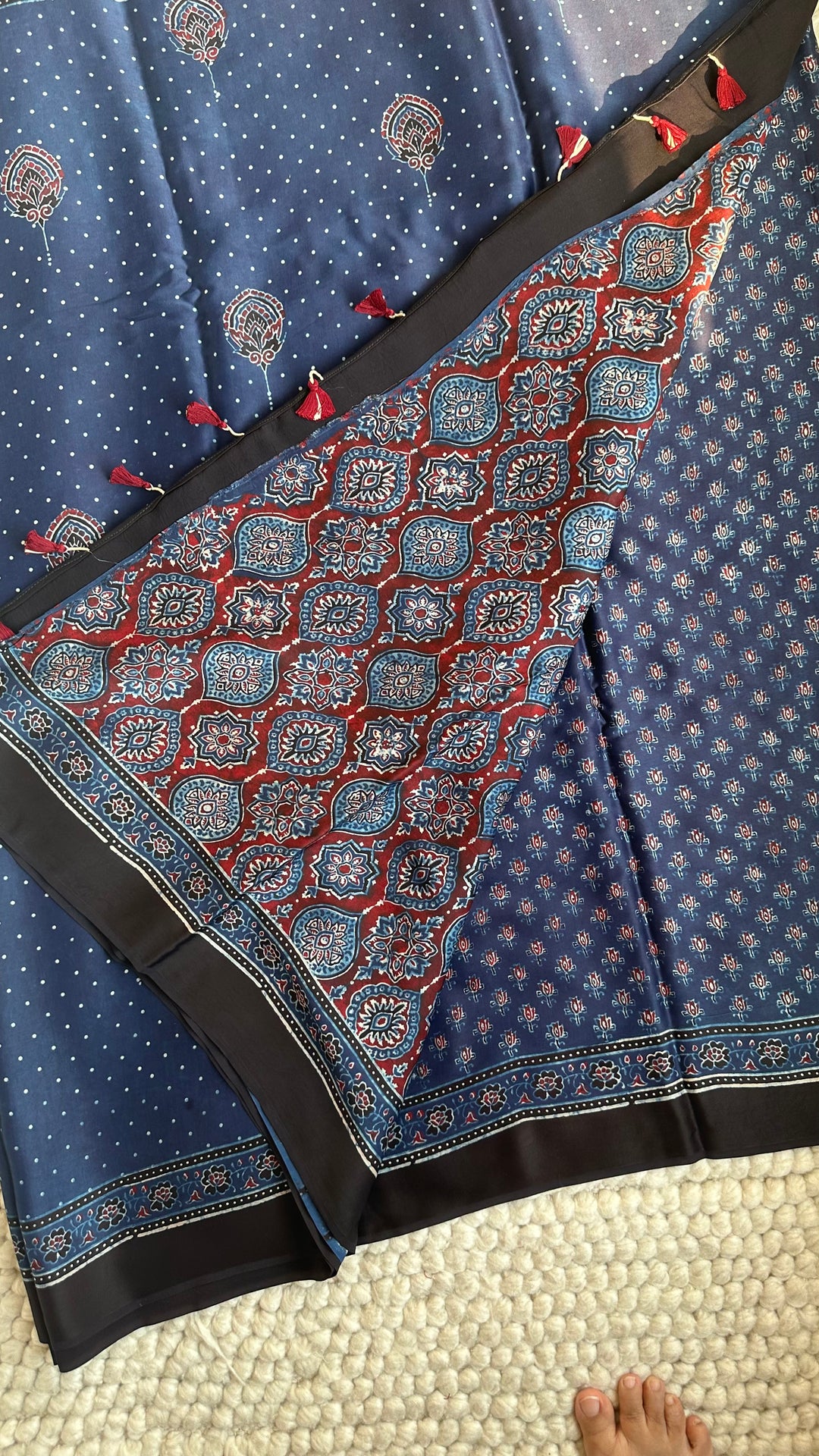 INDIGO BLOOMS - PREMIUM HALF AND HALF AJRAKH HAND BLOCK PRINTED PREMIUM MODAL SILK SAREE