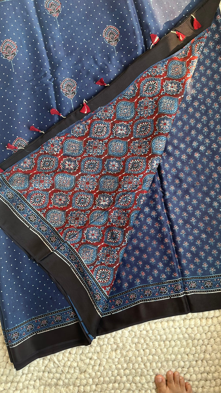 INDIGO BLOOMS - PREMIUM HALF AND HALF AJRAKH HAND BLOCK PRINTED PREMIUM MODAL SILK SAREE