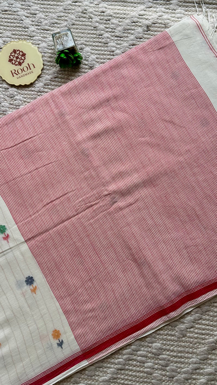 PREMIUM JAMDANI WEAVE HANDWOVEN AND HANDSPUN COTTON SAREE - WHITE & RED BLOSSOMS