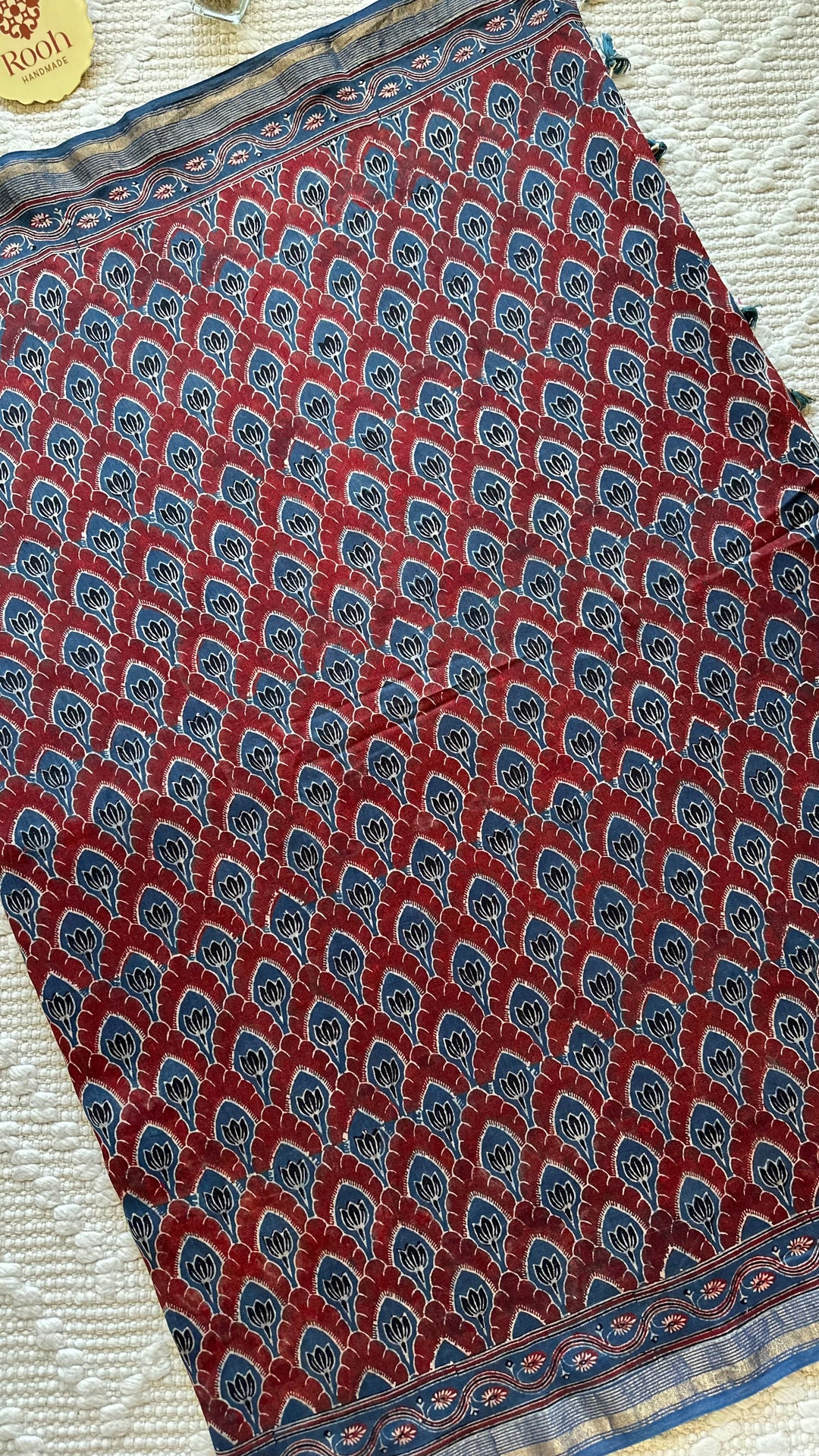 LOTUS PANES - MADDER RED AND INDIGO AJRAKH HAND BLOCK PRINTED SILK COTTON SAREE