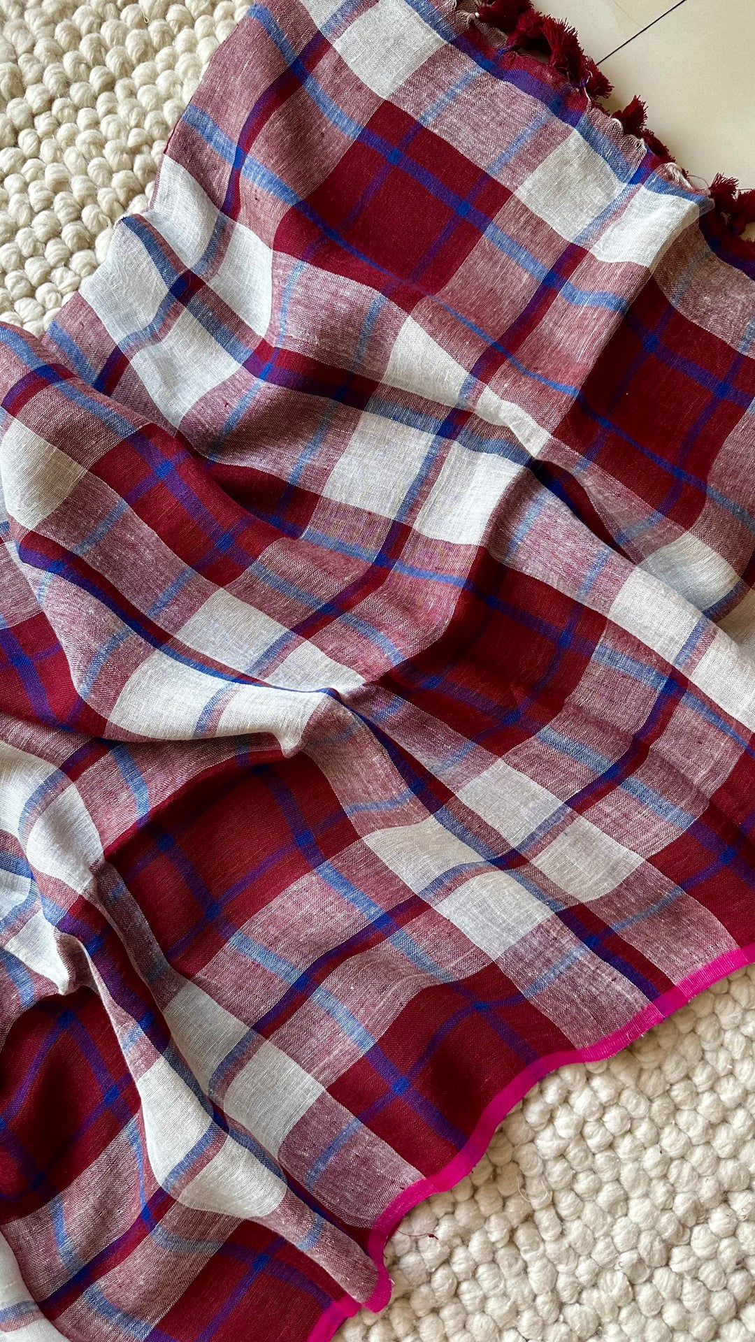Multi Colour Checked Pure Handwoven Linen Saree - 007