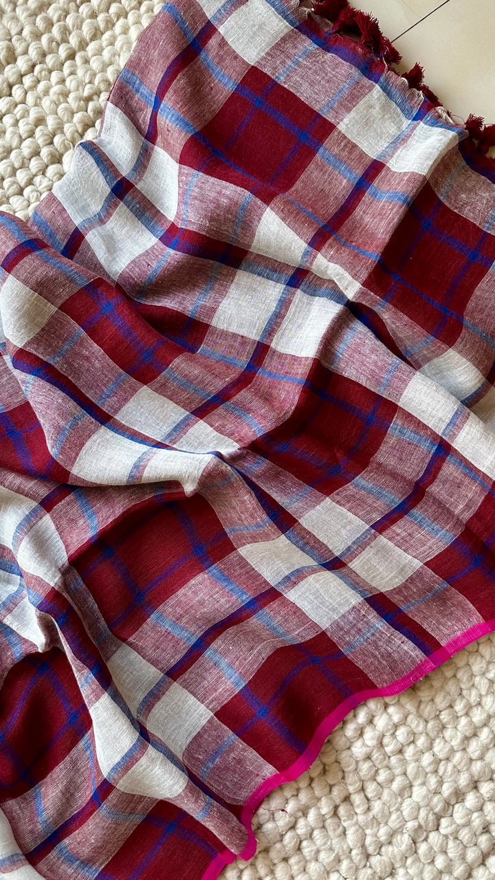 Multi Colour Checked Pure Handwoven Linen Saree - 007
