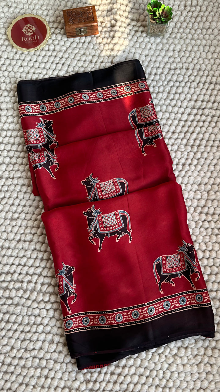 MADDER RED & BLACK PICHWAI NANDI - AJRAKH HAND BLOCK PRINTED PREMIUM MODAL SILK SAREE (AVAILABLE ON PRE-ORDER - DISPATCH TIME IS 30-35 DAYS)