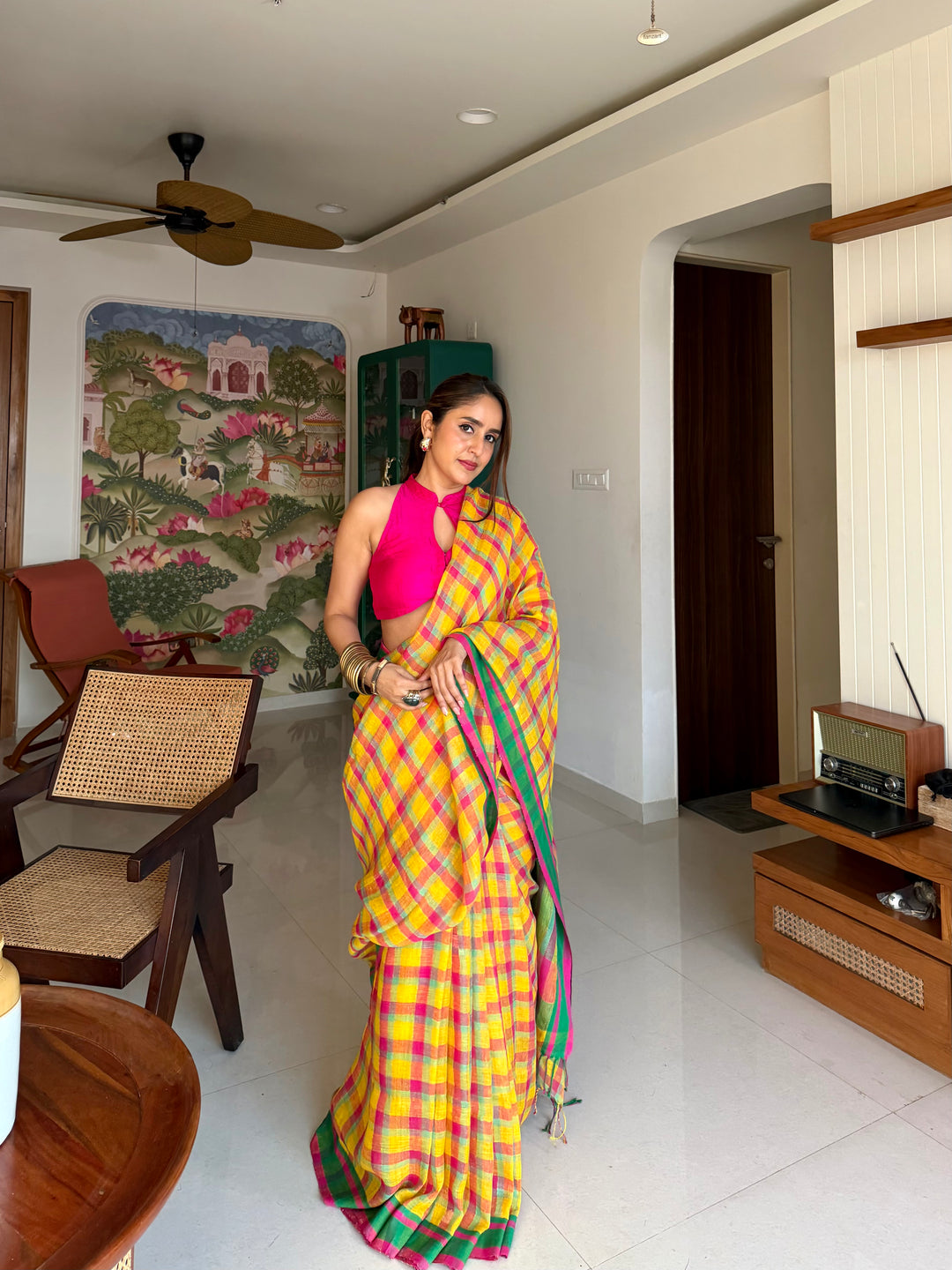 SUPER PREMIUM JAMDANI WEAVE HANDWOVEN MADRAS CHECKS JAYASHREE LINEN SAREE - VIBRANT YELLOW & PINK (AVAILABLE ON PRE-ORDER - DISPATCH TIME IS 40-45 DAYS APPROXIMATELY)