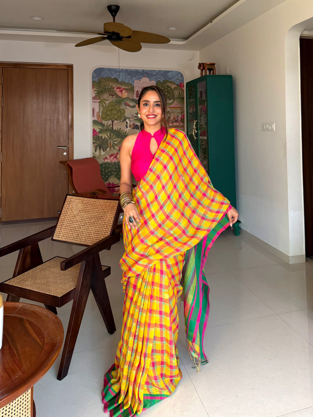SUPER PREMIUM JAMDANI WEAVE HANDWOVEN MADRAS CHECKS JAYASHREE LINEN SAREE - VIBRANT YELLOW & PINK (AVAILABLE ON PRE-ORDER - DISPATCH TIME IS 40-45 DAYS APPROXIMATELY)
