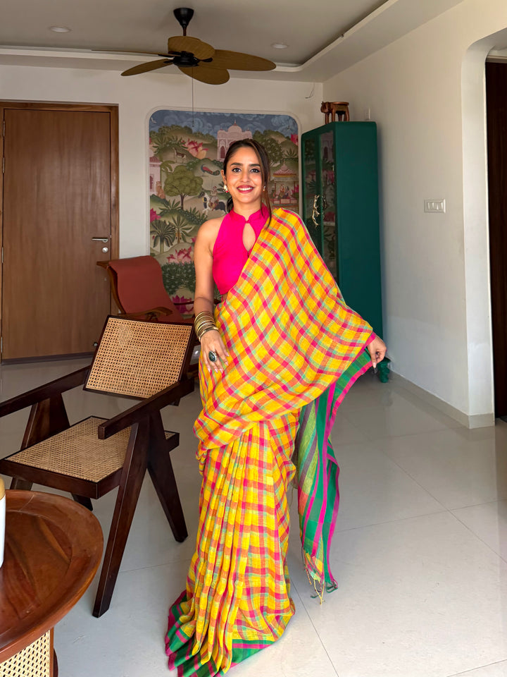 SUPER PREMIUM JAMDANI WEAVE HANDWOVEN MADRAS CHECKS JAYASHREE LINEN SAREE - VIBRANT YELLOW & PINK (AVAILABLE ON PRE-ORDER - DISPATCH TIME IS 40-45 DAYS APPROXIMATELY)