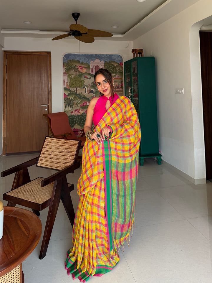 SUPER PREMIUM JAMDANI WEAVE HANDWOVEN MADRAS CHECKS JAYASHREE LINEN SAREE - VIBRANT YELLOW & PINK (AVAILABLE ON PRE-ORDER - DISPATCH TIME IS 40-45 DAYS APPROXIMATELY)