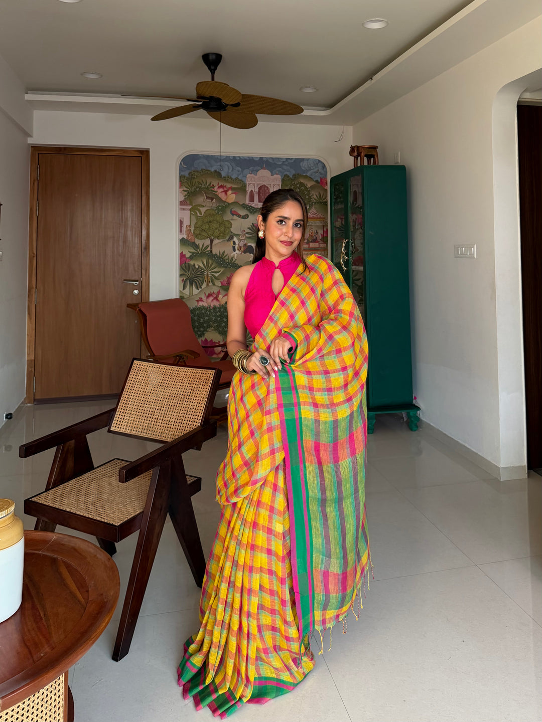 SUPER PREMIUM JAMDANI WEAVE HANDWOVEN MADRAS CHECKS JAYASHREE LINEN SAREE - VIBRANT YELLOW & PINK (AVAILABLE ON PRE-ORDER - DISPATCH TIME IS 40-45 DAYS APPROXIMATELY)