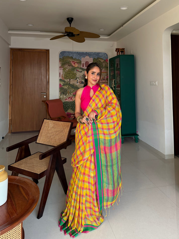 SUPER PREMIUM JAMDANI WEAVE HANDWOVEN MADRAS CHECKS JAYASHREE LINEN SAREE - VIBRANT YELLOW & PINK (AVAILABLE ON PRE-ORDER - DISPATCH TIME IS 40-45 DAYS APPROXIMATELY)