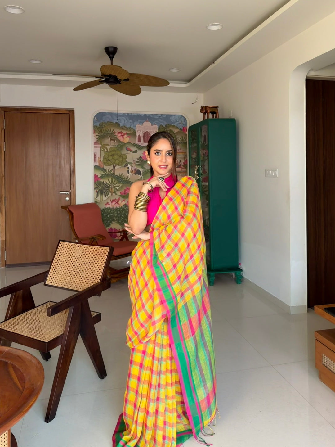 SUPER PREMIUM JAMDANI WEAVE HANDWOVEN MADRAS CHECKS JAYASHREE LINEN SAREE - VIBRANT YELLOW & PINK (AVAILABLE ON PRE-ORDER - DISPATCH TIME IS 40-45 DAYS APPROXIMATELY)