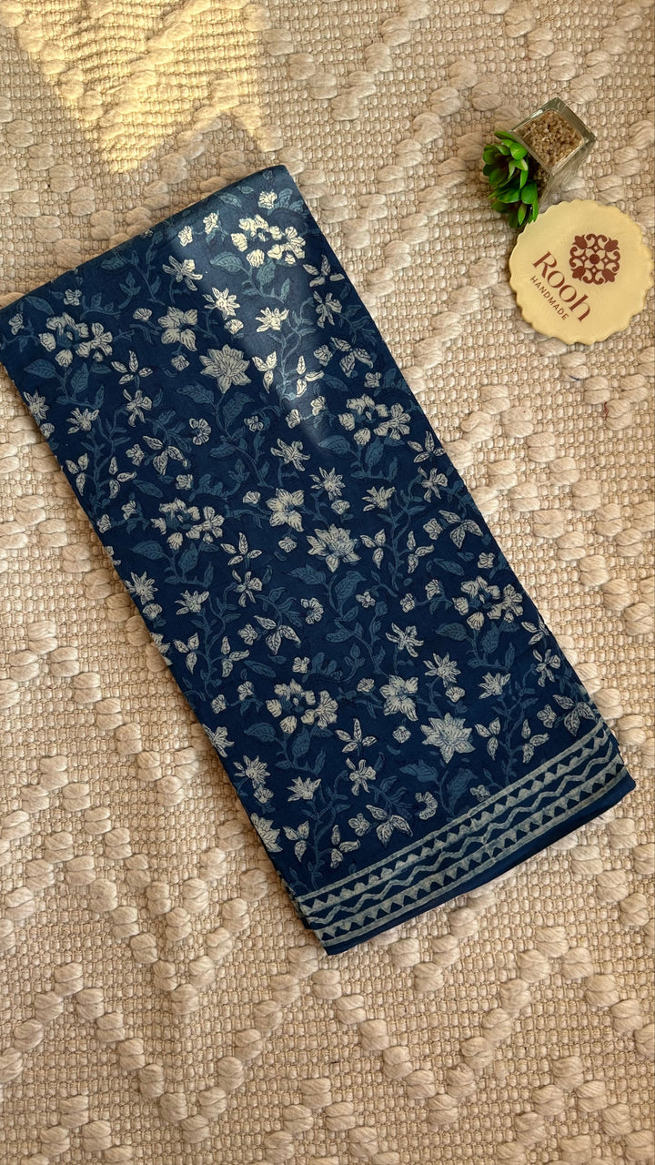 AKOLA INDIGO HAND BLOCK DABU PRINTED SOFT MULMUL COTTON SAREE- 013