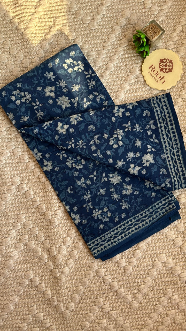 AKOLA INDIGO HAND BLOCK DABU PRINTED SOFT MULMUL COTTON SAREE- 013