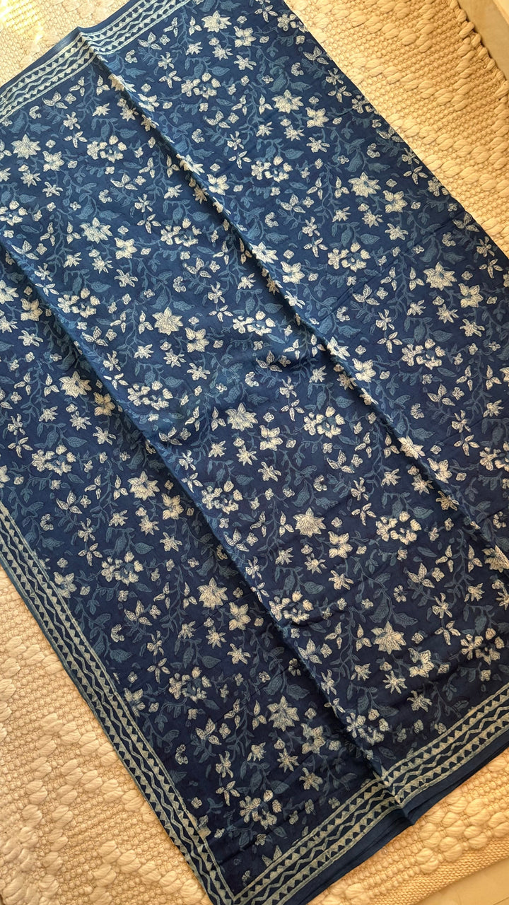 AKOLA INDIGO HAND BLOCK DABU PRINTED SOFT MULMUL COTTON SAREE- 013