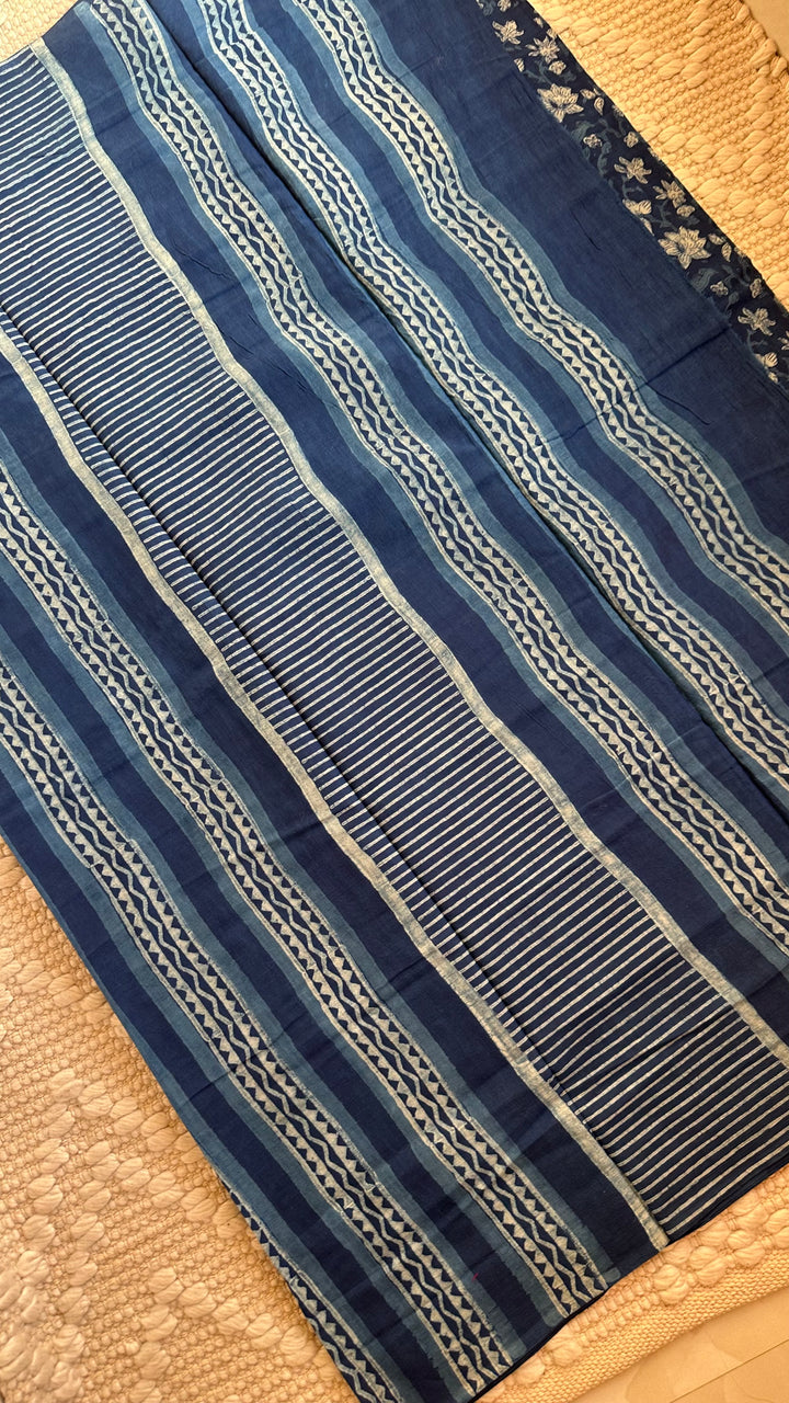 AKOLA INDIGO HAND BLOCK DABU PRINTED SOFT MULMUL COTTON SAREE- 013