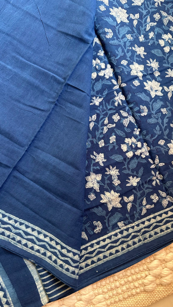 AKOLA INDIGO HAND BLOCK DABU PRINTED SOFT MULMUL COTTON SAREE- 013