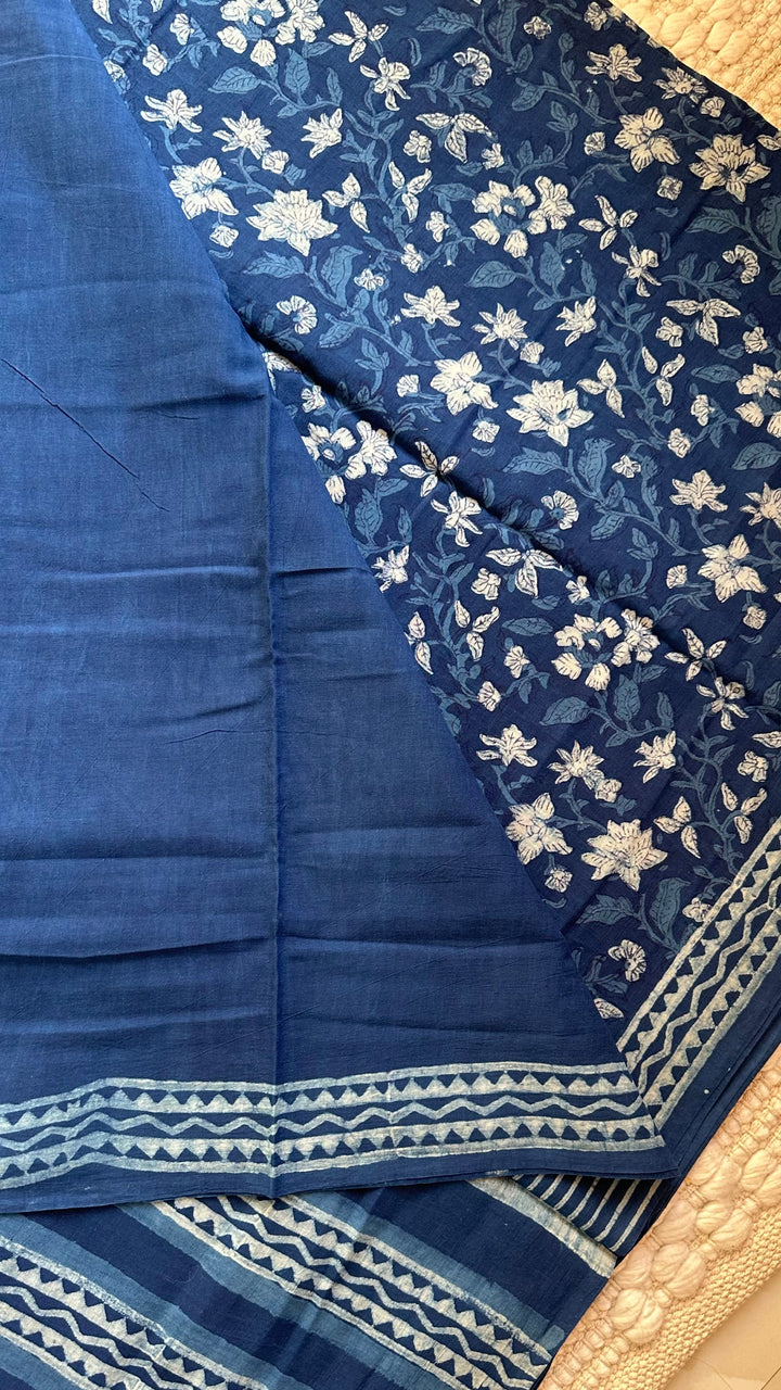 AKOLA INDIGO HAND BLOCK DABU PRINTED SOFT MULMUL COTTON SAREE- 013