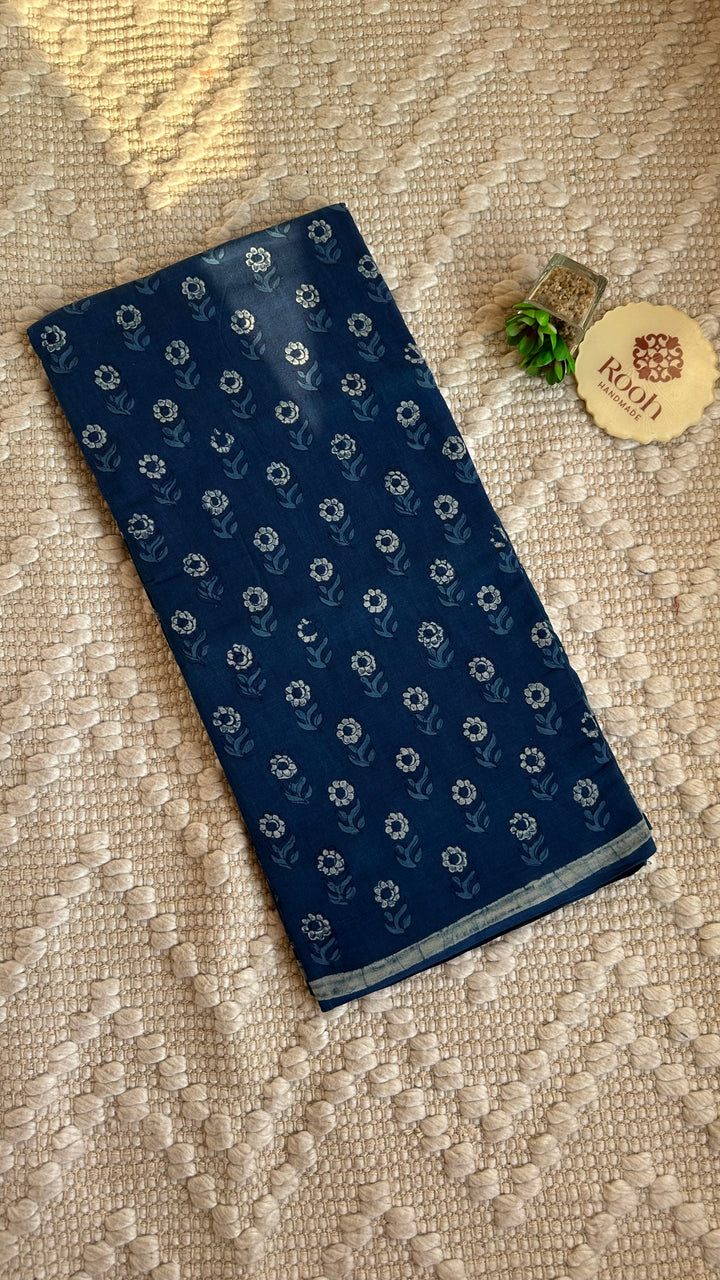 AKOLA INDIGO HAND BLOCK DABU PRINTED SOFT MULMUL COTTON SAREE- 011