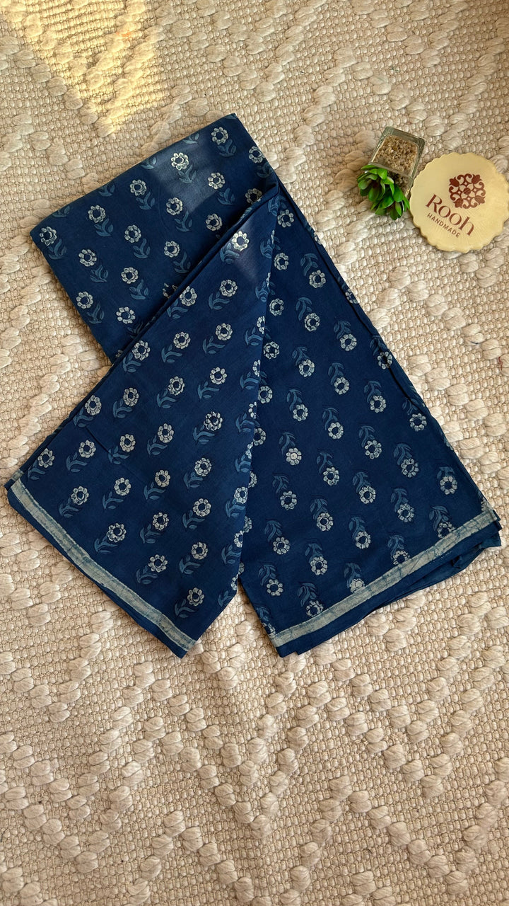 AKOLA INDIGO HAND BLOCK DABU PRINTED SOFT MULMUL COTTON SAREE- 011