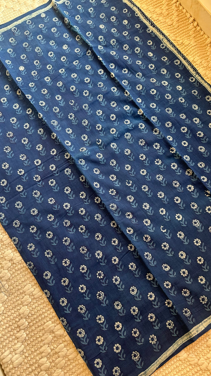 AKOLA INDIGO HAND BLOCK DABU PRINTED SOFT MULMUL COTTON SAREE- 011