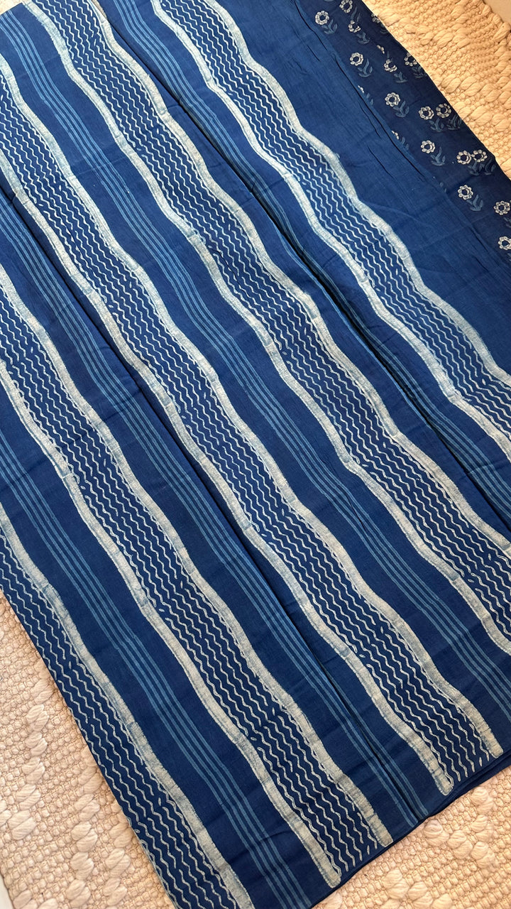 AKOLA INDIGO HAND BLOCK DABU PRINTED SOFT MULMUL COTTON SAREE- 011