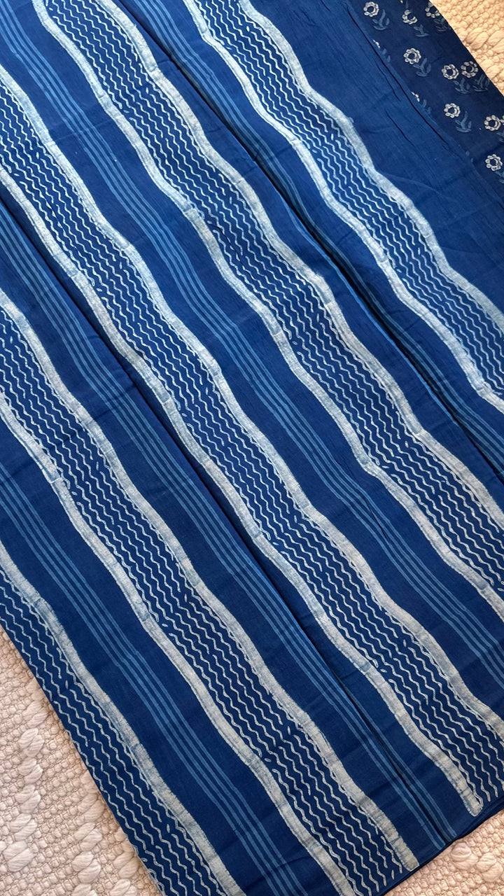 AKOLA INDIGO HAND BLOCK DABU PRINTED SOFT MULMUL COTTON SAREE- 011