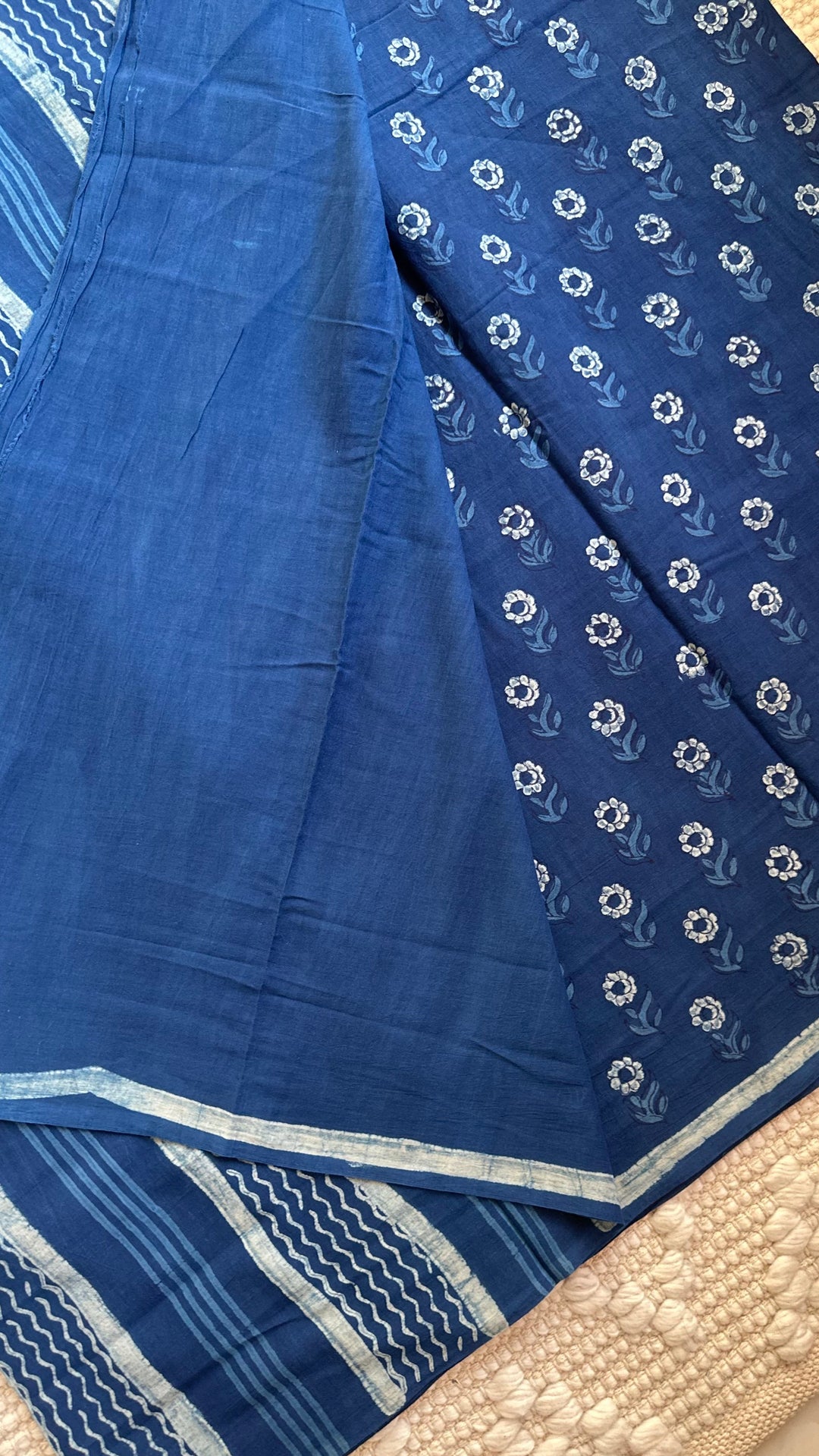 AKOLA INDIGO HAND BLOCK DABU PRINTED SOFT MULMUL COTTON SAREE- 011