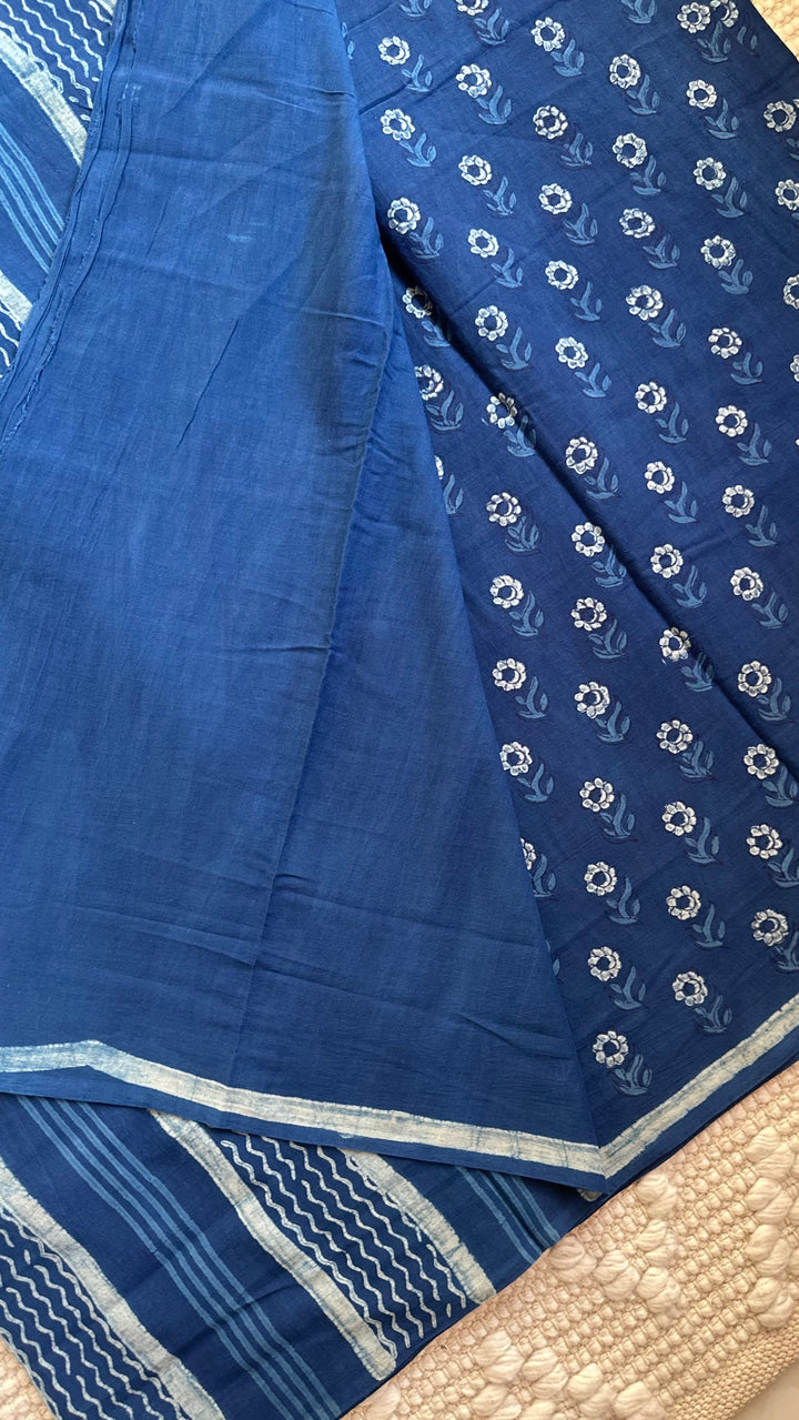 AKOLA INDIGO HAND BLOCK DABU PRINTED SOFT MULMUL COTTON SAREE- 011