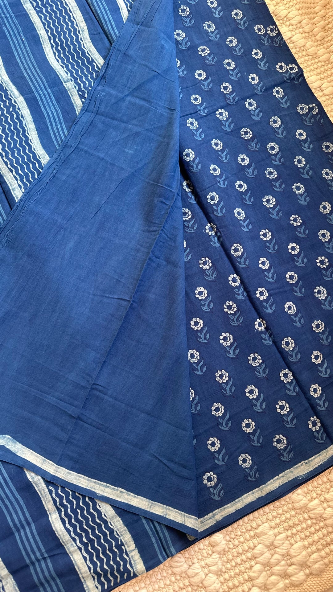 AKOLA INDIGO HAND BLOCK DABU PRINTED SOFT MULMUL COTTON SAREE- 011
