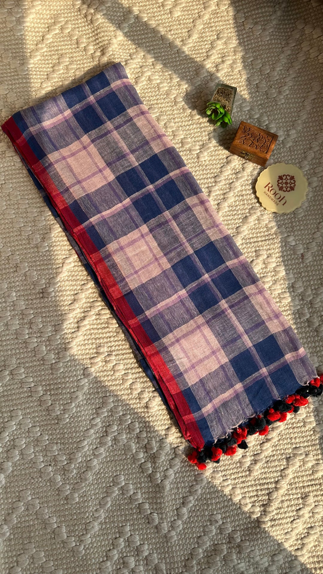 Multi Colour Checked Pure Handwoven Linen Saree - 002