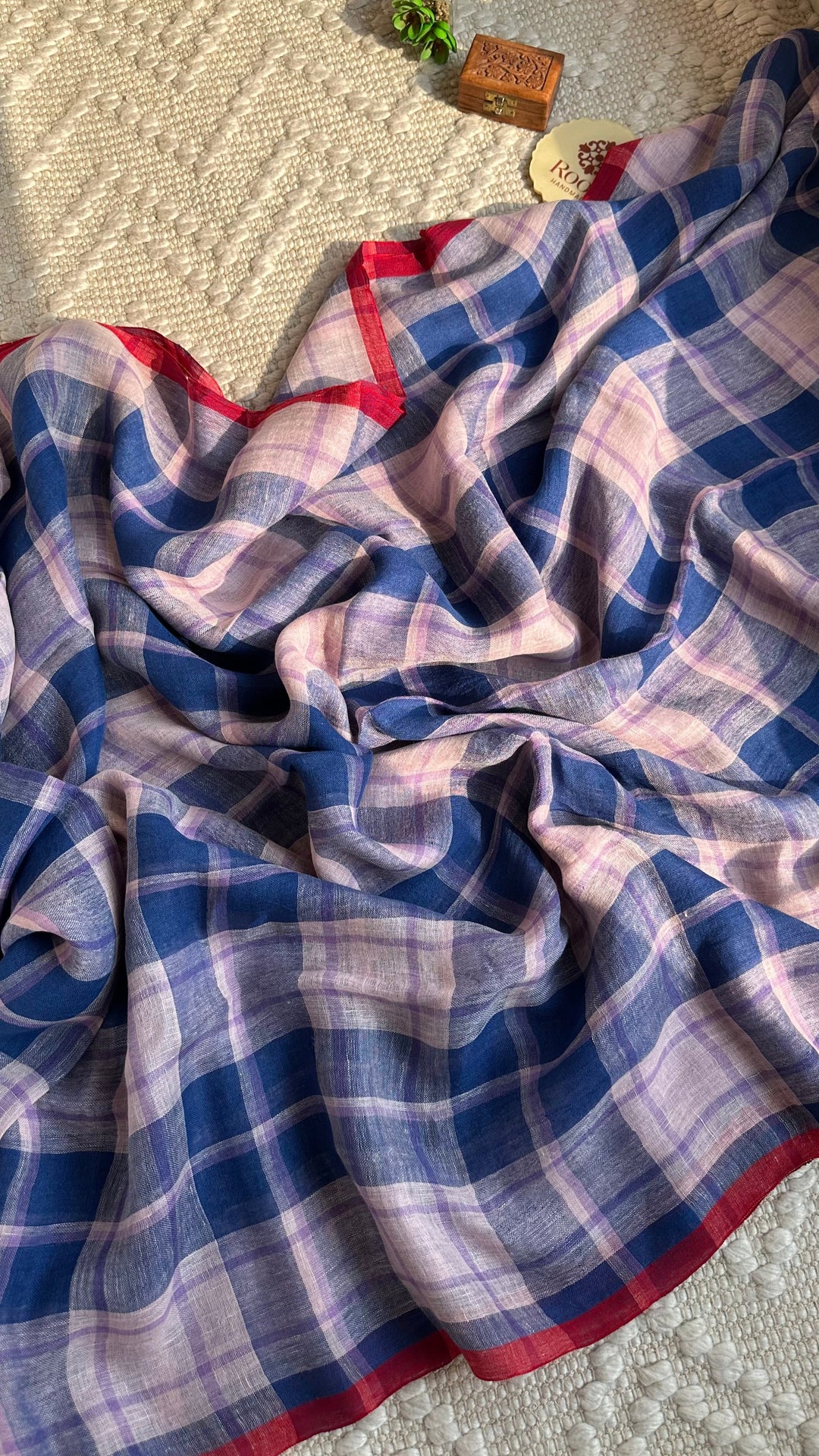 Multi Colour Checked Pure Handwoven Linen Saree - 002