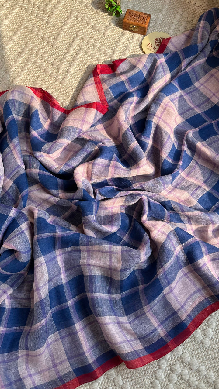 Multi Colour Checked Pure Handwoven Linen Saree - 002