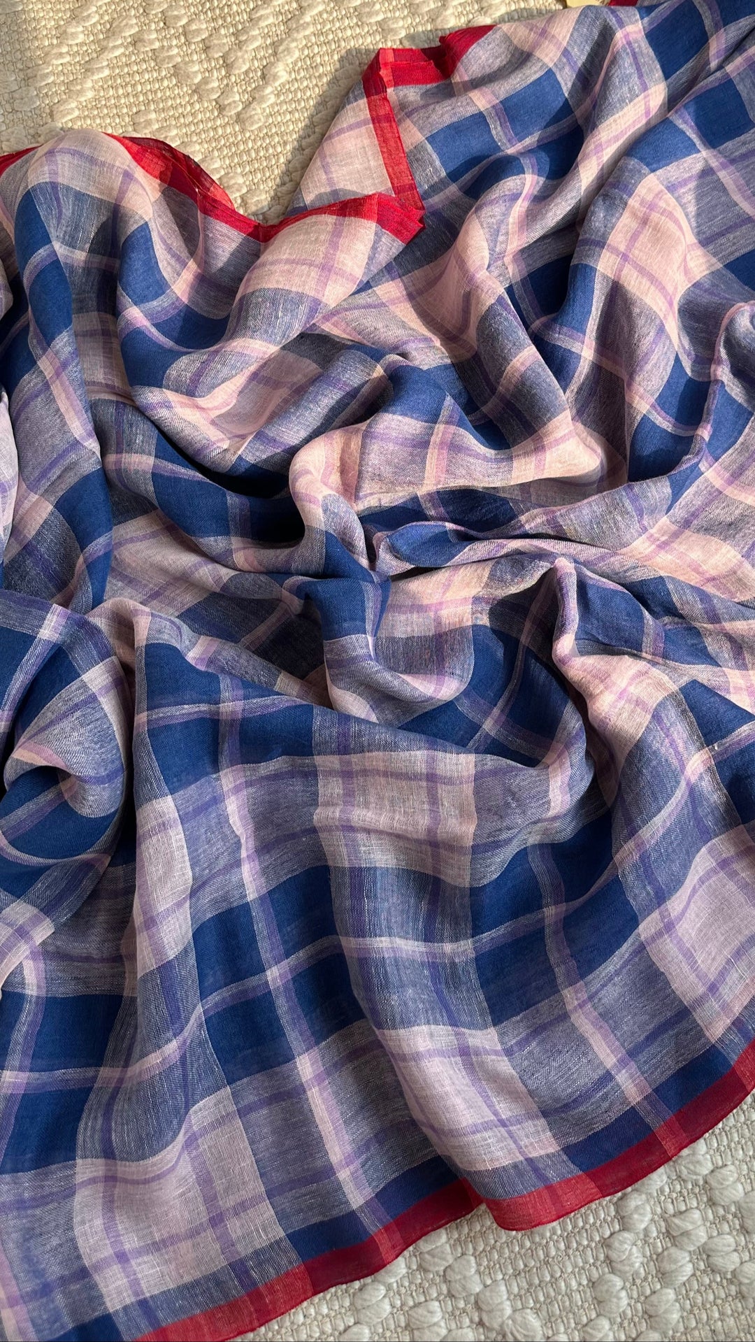 Multi Colour Checked Pure Handwoven Linen Saree - 002
