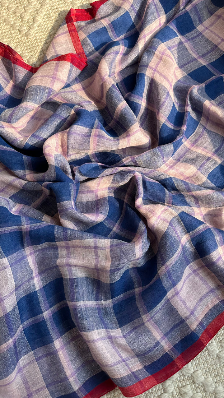Multi Colour Checked Pure Handwoven Linen Saree - 002