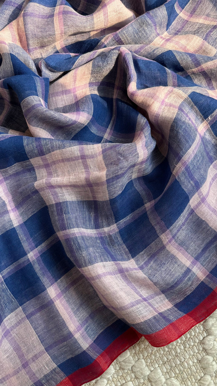 Multi Colour Checked Pure Handwoven Linen Saree - 002