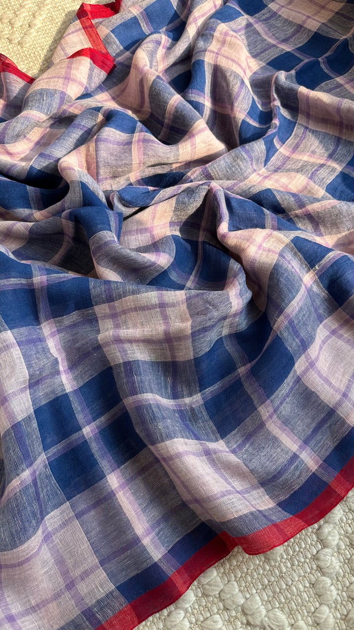 Multi Colour Checked Pure Handwoven Linen Saree - 002