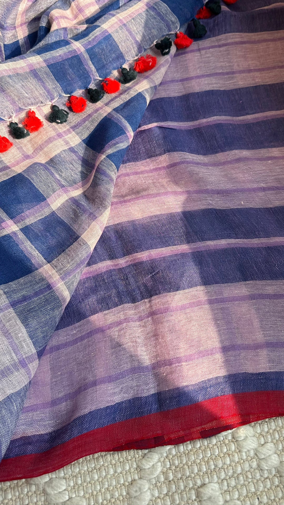 Multi Colour Checked Pure Handwoven Linen Saree - 002