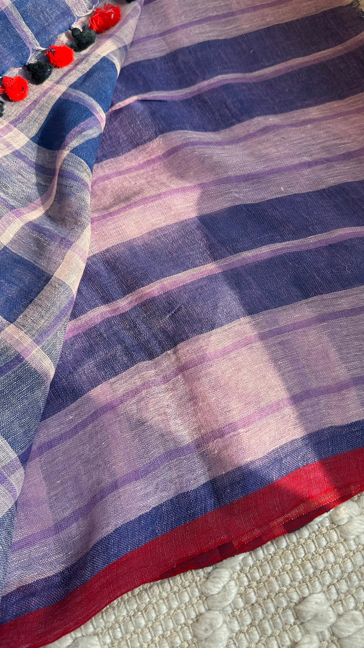Multi Colour Checked Pure Handwoven Linen Saree - 002