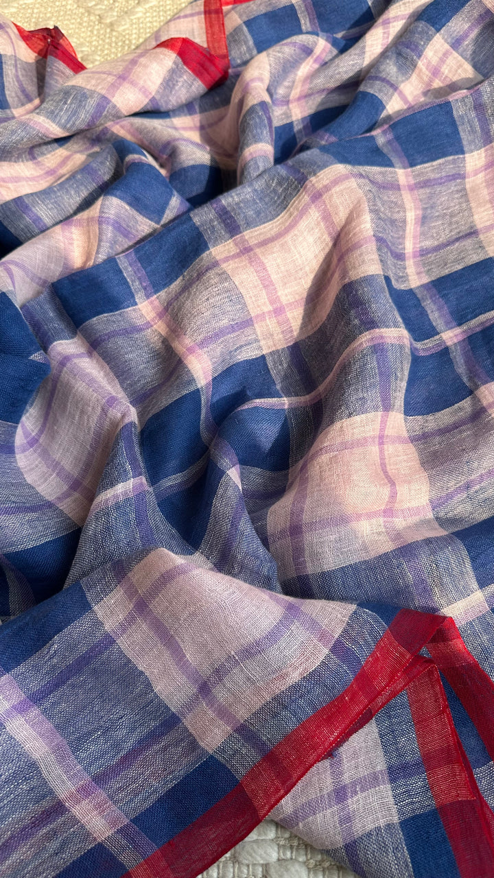 Multi Colour Checked Pure Handwoven Linen Saree - 002
