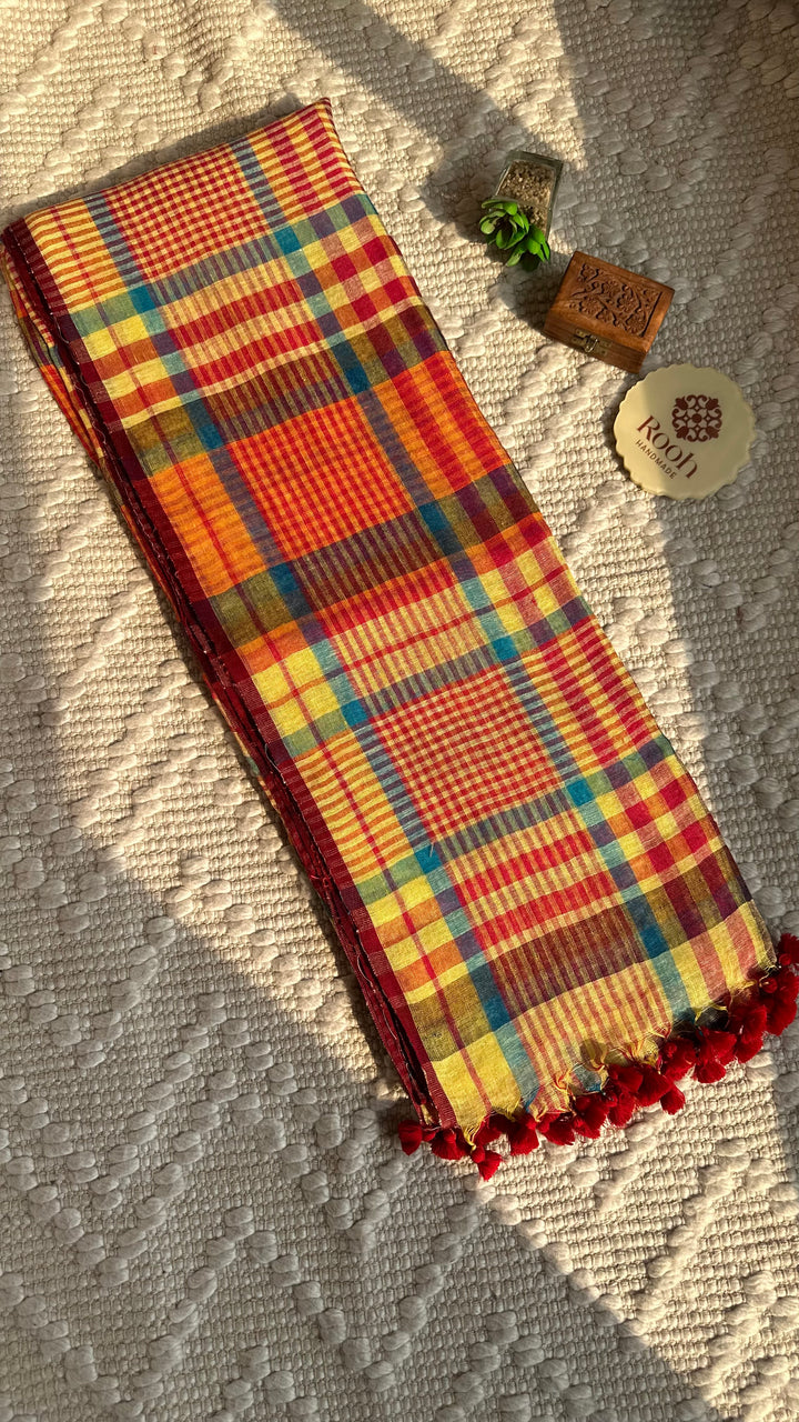 Multi Colour Checked Pure Handwoven Linen Saree - 001