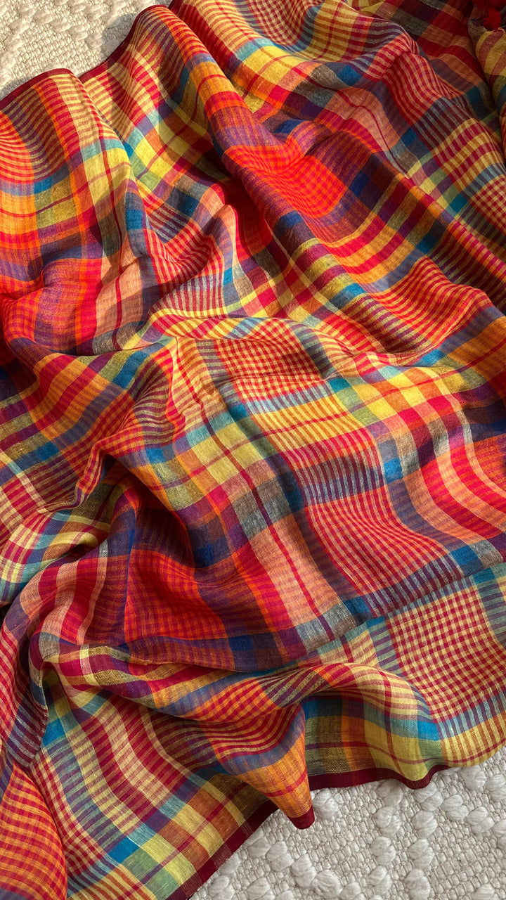 Multi Colour Checked Pure Handwoven Linen Saree - 001