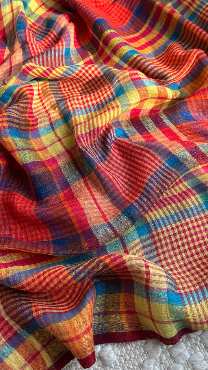 Multi Colour Checked Pure Handwoven Linen Saree - 001