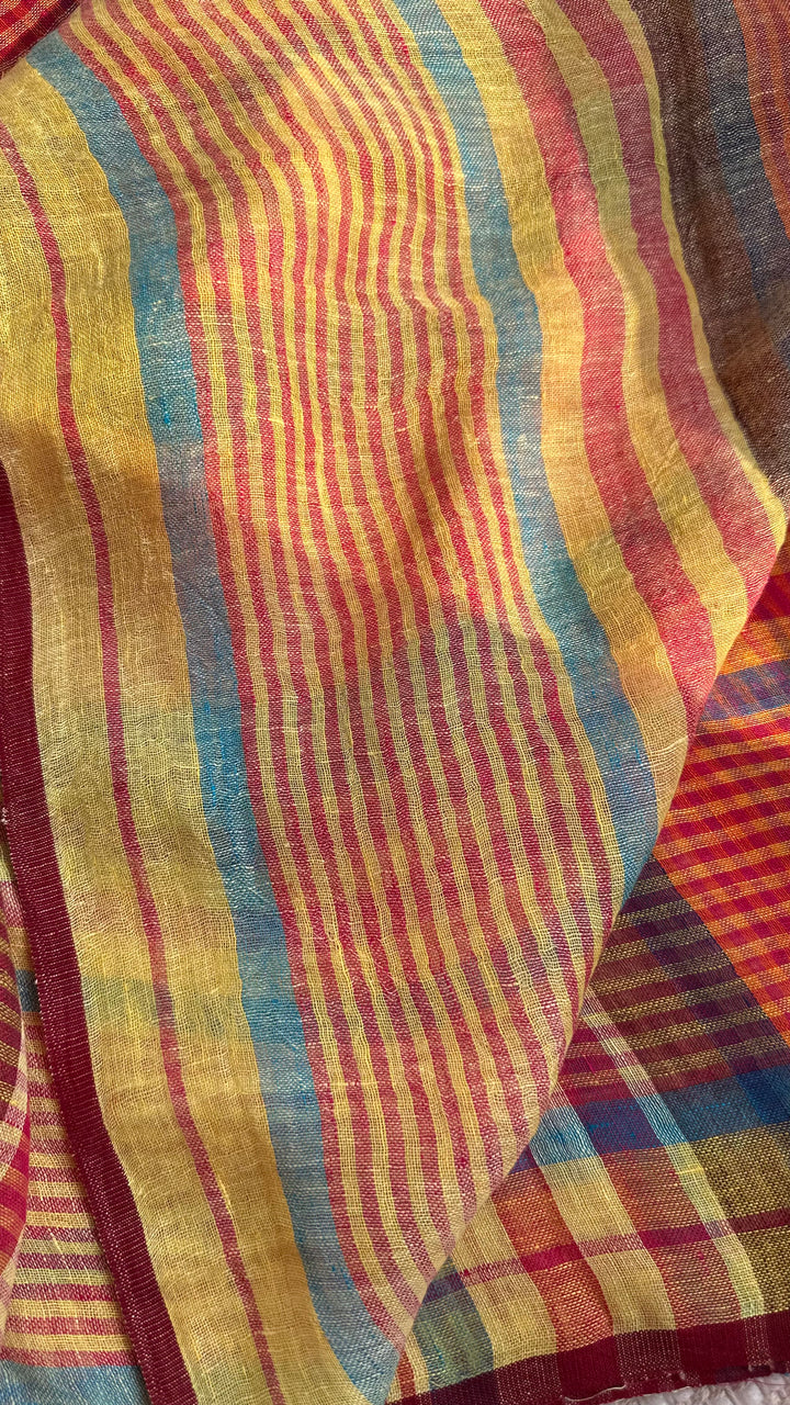 Multi Colour Checked Pure Handwoven Linen Saree - 001