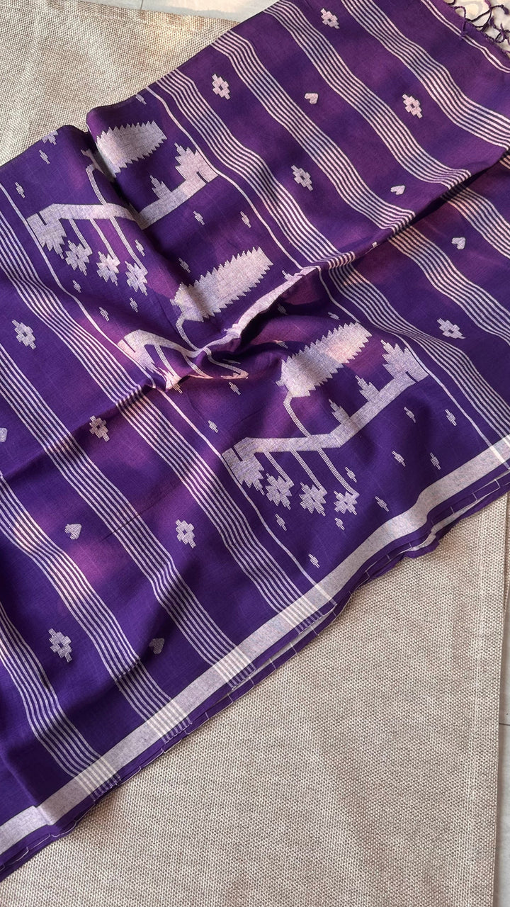 PREMIUM JAMDANI WEAVE HANDWOVEN AND HANDSPUN COTTON SAREE - IMPERIAL PURPLE
