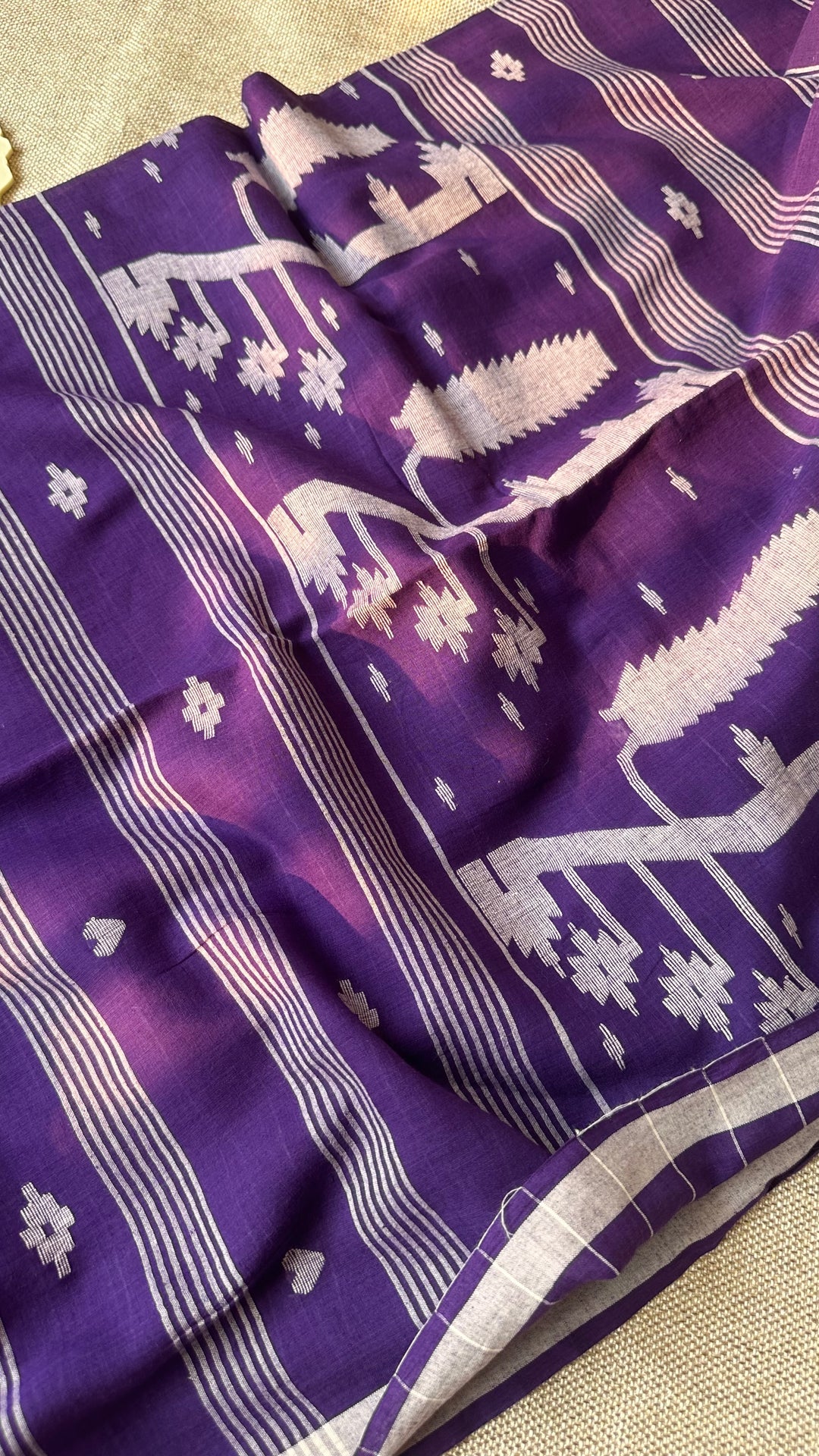 PREMIUM JAMDANI WEAVE HANDWOVEN AND HANDSPUN COTTON SAREE - IMPERIAL PURPLE