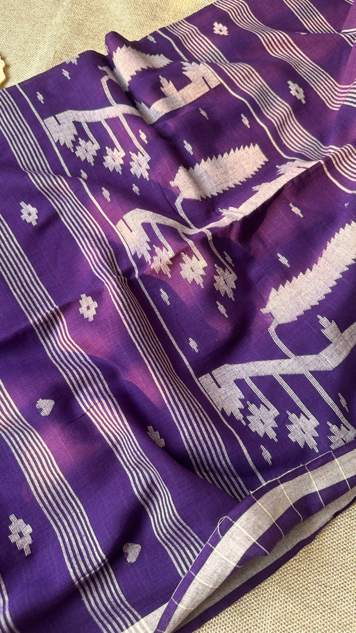 PREMIUM JAMDANI WEAVE HANDWOVEN AND HANDSPUN COTTON SAREE - IMPERIAL PURPLE